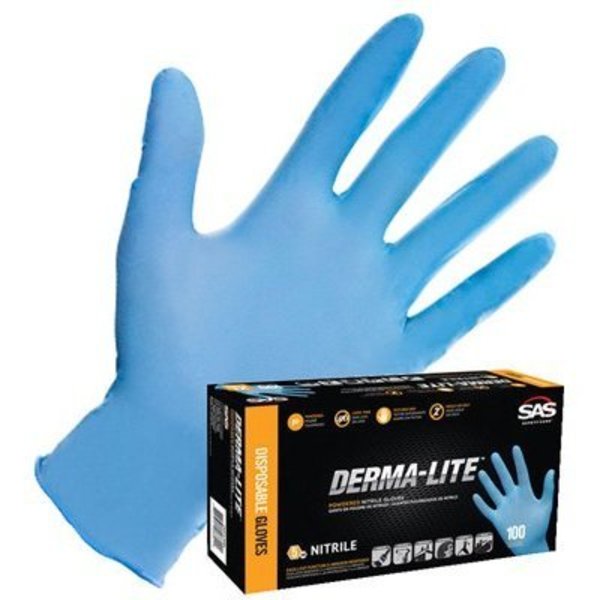 Sas Safety Derma-Lite, Nitrile Disposable Gloves, 5 mil Palm , Nitrile, Powder-Free, M, 100 PK, Blue SA6607-20